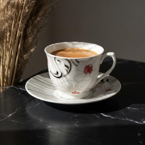 Image of Dandy Lines Classic Blossom Bliss Cup and Saucer, Cups + Saucers, Luxury Tea Cups for 6, Ceramic, Pack of 12, Microwave & Dishwasher Safe, Great for Hosting & Gifting