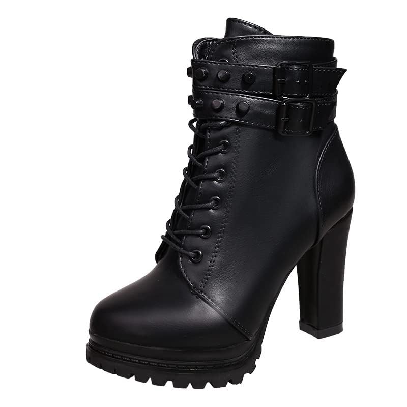 Women's Chunky High Heel Platform Knight Boots Women Lace Up Ankle Boots Sexy Party Platform Buckle Strap Short Booties