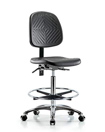 LabTech Seating LT43692 High Bench Chair, Polyurethane, Medium Back Chrome Base/Foot Ring Tilt, Chrome Casters
