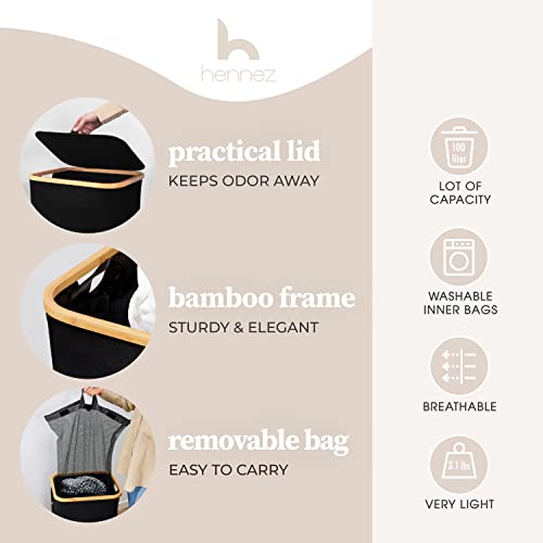 HENNEZ 100L Laundry Basket with Lid - Washing Hamper - Dirty Clothes Bin - Thick Fabric 220gsm, 100l Black, 100 l With Cover - Image 2