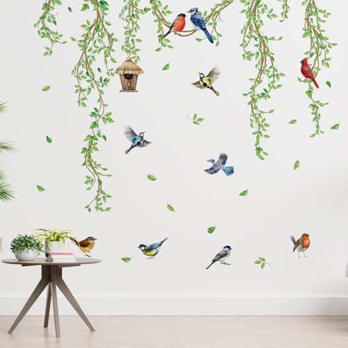 Watercolor Bird & Vine Wall Decal Set, Removable Vinyl Wall Stickers, Nature-Inspired Floral with Birds Decor for Bedroom, Living Room, TV Walls, Glass Window