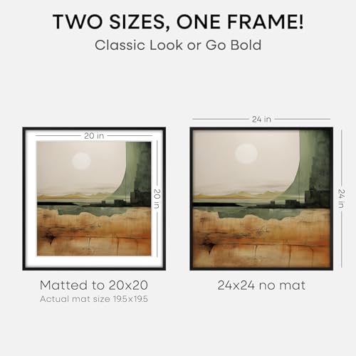 Image of Homeforia 24x24 Black Wood Frame, High End Oak 24 x 24 Square Picture Frames with Mat 20 by 20 inches Photo, 24by24 Black Wooden Poster Frames Matted to 20x20 Print, Tempered Glass, Wall Kit, Set of 1