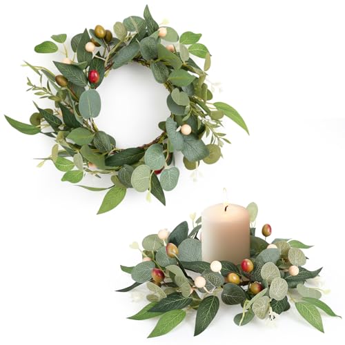 2 Pcs 4 Inch Mini Eucalyptus Wreaths for Candles Summer Candle Rings with Olive Leaves Berries Candle Garland Pillar 3.94 Inch Small Wreath Decor for Centerpiece Cabinet Table