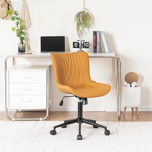 Image of YOUNIKE Office Chair, Armless Desk Chair with Wheels, Adjustable Swivel Home Office Computer Task Chairs, Modern Faux Leather Upholstered Vanity Chair with Back, Saffron Tan