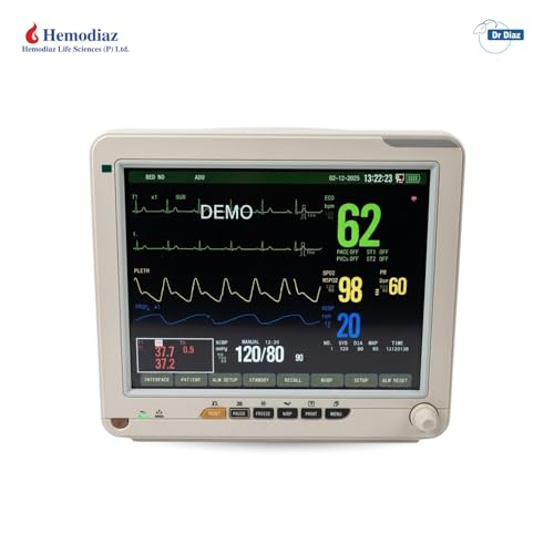 Image of Dr Diaz 5 Para Patient Monitor PM12ST | ECG, SpO2, NIBP, Respiration, Temperature | 12.1 Inch Real-Time Alarms | Suitable for neonatal, pediatric, and adult patients | 4hrs Battery Backup 1yr warranty