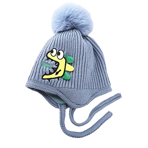Kids Cute Winter Knitted Hats- Windproof Thicken Fleece Lining Fashion Pompon Knitted Earflaps Winter Caps for Boys Girls Ages 4-8 (Blue)
