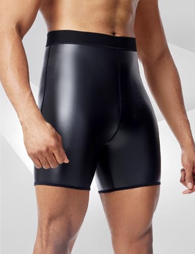 FEOYA Men Leather Shorts High Waist Tummy Control Shapewear Shorts Slim Fit Trunk Leg Body Shaper3