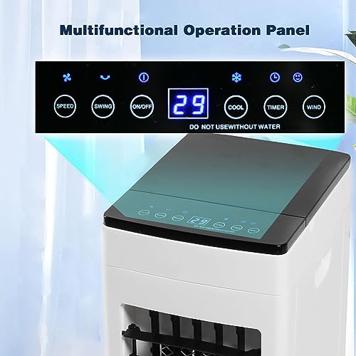 مكيف هواء محمول، مبرد هواء تبخيري بثلاث سرعات للرياح ومؤقت 8 ساعات، خزان مياه سعة 8 لتر، 4 عبوات ثلج، مكيف هواء 3 في 1 للغرف الصغيرة/المكتب/غرفة النوم