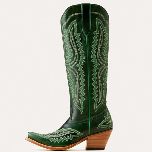 Meefit Cowboy Boots for Women Knee High Cowgirl Boots Pointed Toe Chunky Heel Western Boots,Retro Country Boots,Vintage Tall Boots4