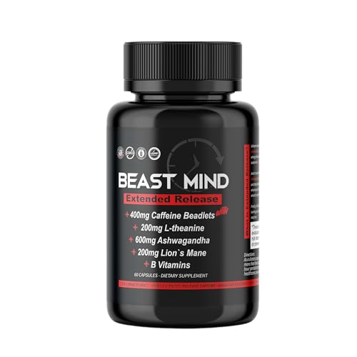 Beast Mind Extended Release Extreme Energy Pills | 400mg XR Caffeine | 600mg Ashwagandha | 200mg Lions Mane Increased Energy & Focus Natural Nootropic Labs
