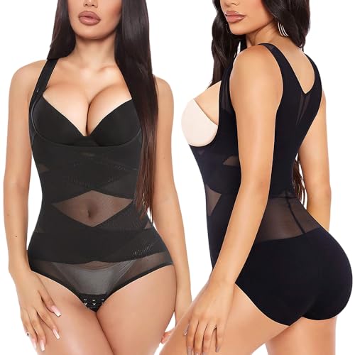 XFSRG Body Moldeador Mujer Fajas Reductoras Cruz de Malla Control de Abdomen Bodysuit Invisible Shapewear Bodysuit Shaper Posparto Hohe Elastizität Shaping Miederbody（L）