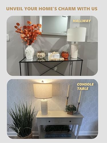 Image of PoKat 23'' Bedside Table Lamp for Bedroom Nightstands, Modern Ceramic Decor | White Desk Lamp, Nickel Pole, House Warming & Birthday Gifts, for Women Mom, Ideal Table Light for End Table & Living Room