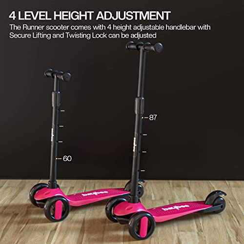 Image of Baybee Alpha Kick Scooter for Kids, Smart 3 Wheel Kids Scooter with 4 Height Adjustable Handle, Runner Scooters with Led PU Wheels & Brake, Skate Scooters for Kid 3 to 10 Years Boys Girls (Pink)