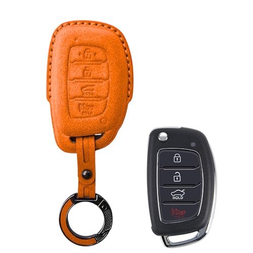 Image of KMH Alcantara Car Key Cover Compatible with Hyundai Alcazar Creta 2022 Venue i20 Tucson Elantra Smart keycover with Keychain 4 Button Shell Case Key Smart Keycover with Keychain (D2) Orange, Pack of 1