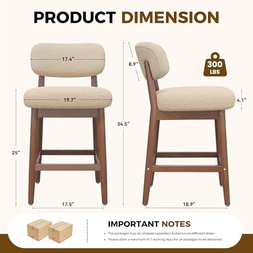 Image of Counter Height Bar Stools Set of 2, Mid-Century Modern Boucle Bar Chairs with Solid Wood Frame, Fluffy Upholstered Stools with Backrest for Kitchen Island, Home Bar, Oatmeal