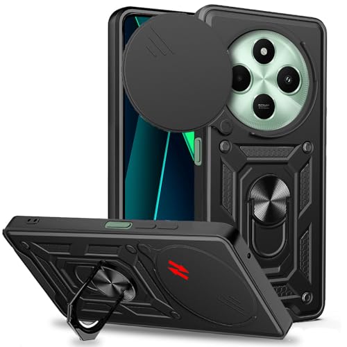 Image of AESTMO Tough Armor Compatible with Redmi A4 / Redmi 14C 5G / Poco C75 5G / Poco M7 5G Bumper Back Case Cover | Ring Holder & Sliding Camera Shield Cover | 360 Degree Protection Back Case Cover (Black)