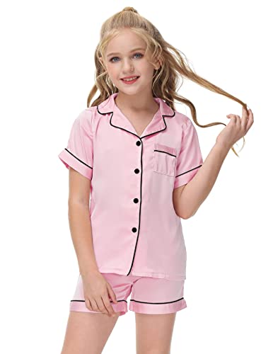 Veseacky Toddler Girls Satin Pajamas Sets Kids Silk Pjs Short Sleeve Button Down Sleepwear Soft Loungewear Set(Pink,Size 4) #TOP2