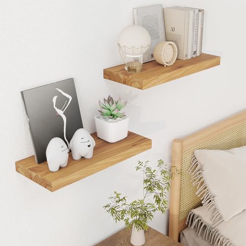Image of 18'' Floating Shelves for Wall, 8''D Rustic Solid Elm Shelves, Natural 2PCs