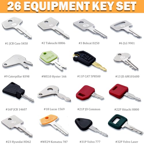 Image of 26 Heavy Equipment Master Keys, Construction Mchinery Key Set | For Cat Caterpillar John Deere Case Bobcat JLG JCB Volvo Hyster New Holland Yanmar Takeuchi Kubota Komatsu