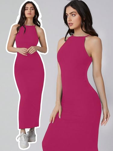 Image of Aahwan Pink Solid Halter Neck Solid Bodycon Midi Dress for Women's & Girl's