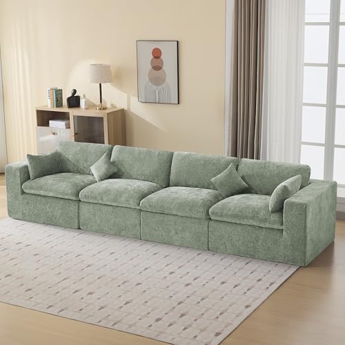 Image of 146''Cloud Boneless Sectional Couch, Modular Sectional Sofa Deep Seat, Oversized Upholstered Convertible Comfy 4 Seater Chenille Memory Foam Sofa Couches for Living Room, Green