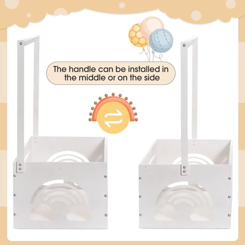 Image of Yerliker Wooden Baby Shower Crate Closet Baby Shower Gifts Basket Storage Crate Hamper with Handle Personalized Basket for Newborn Boys Girls Pregnancy Gifts(White,Cloudy, Rainbow)