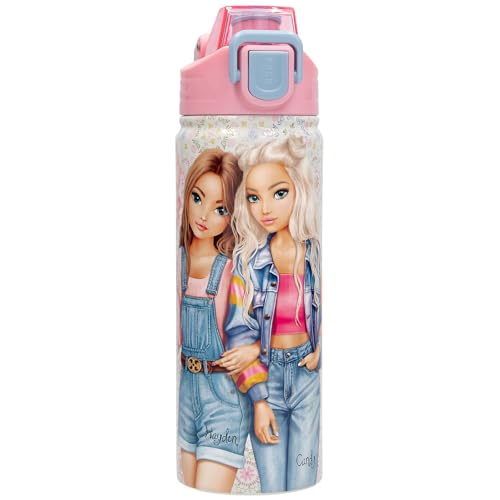 Depesche 14111 TOPModel Festival Fun Gourde en acier inoxydable, rose et crème, avec motif de modèle et motif floral, bouteille isotherme avec bouchon et poignée, capacité d'environ 600 ml
