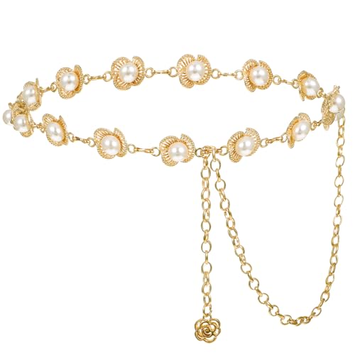 Flower Pearl Waist Chain Belt for Women, Gold Silver Chain Belts for Dresses Jeans Jewelry Decorative Accessory Gift