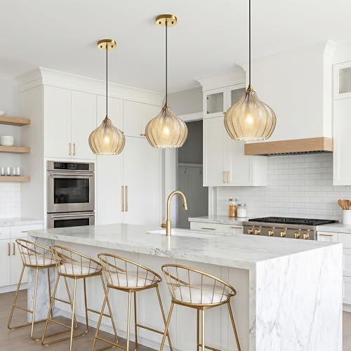 Amber Glass Pendant Lights Kitchen Island Gold Hanging Ceiling Light 9" by Vaziden - Used condition - Image 3
