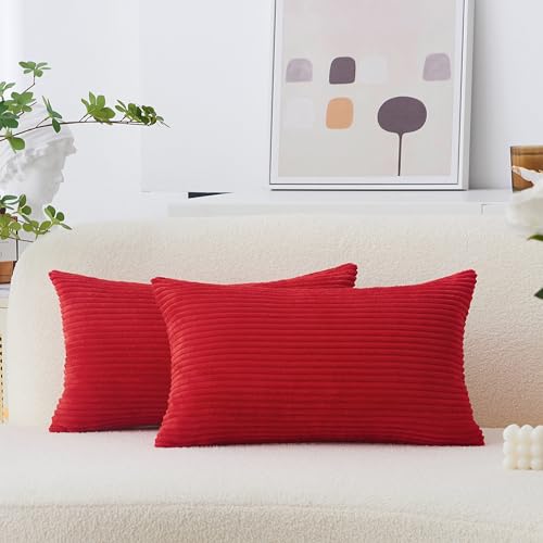 Image of Home Brilliant Red Cushion Covers Pack of 2, 30x50 Cushion Cover for Party Soft Striped Corduroy Chirstmas Decorative Scatter Cushions for Chair Sofa Bed Couch, (30 x 50 cm, Red)