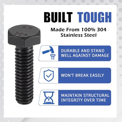 Image of Zonon 50 Pcs 1 /4-20 x 1 Hex Head Screw Bolt 18-8 (304) Stainless Steel Hexagon Bolts, Fully Threaded, Plain Finish, External Hex Drive (Black)