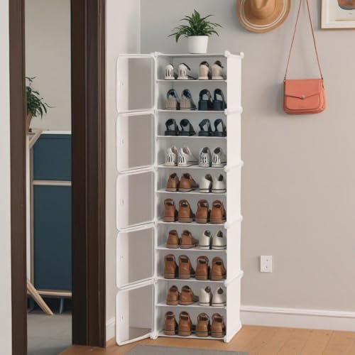 Image of Zemic DIY Shoe Rack Plastic Shoe Rack for Home PP Plastic Shelves Household, Shoe Rack with Door Outdoor for Heels /Shoes for Entryway,Hallway,Bedroom Living Room (White, 10-Shelf-5-Door)