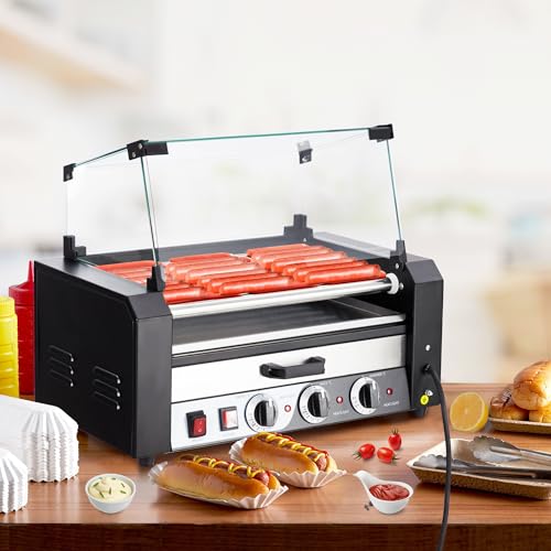 Commercial Hot Dog Roller Machine - Stainless Steel Sausage Grill with Dual Temp Control, Glass Hood & Bun Warmer - 18 Hot Dogs Capacity for Restaurants, Food Trucks, Convenience Stores