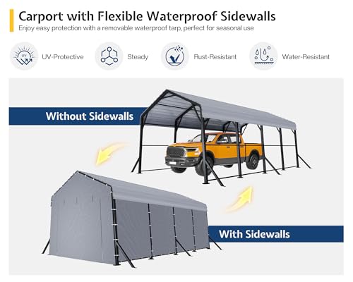 Image of Jocisland 12x20x10.5 FT Heavy Duty Metal Carport, All-Weather Car Canopy with Waterproof Removable Sidewalls, Reinforced Base & Galvanized Steel Roof, Car Shelter for Cars, Boats, Trucks