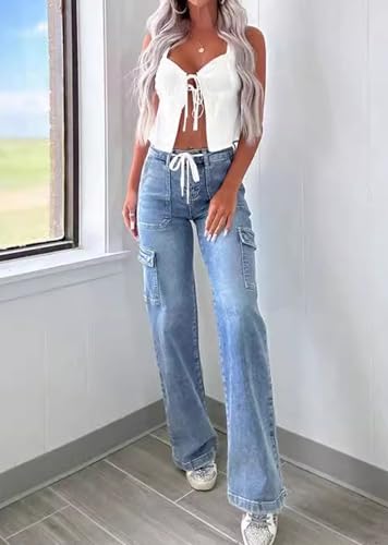 Unybwonn Women Straight Wide Leg Jeans High Waisted Baggy Strechy Casual Denim Trousers Boyfriend Drawstring Cargo Pants4