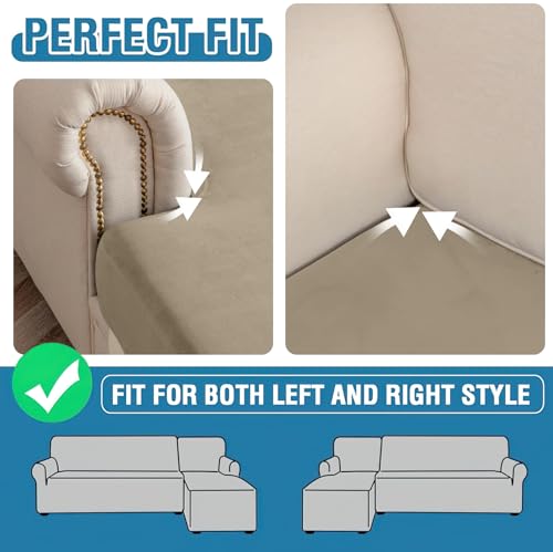 Image of Stretch Silver Fox Velvet Sectional Couch Covers - 4-Piece Sofa Cushion Covers for Left /Right L-Shaped Chaise, Soft and Comfortable Slipcovers for Sectional Sofa(3Seater+1Chaise,Leather Brown)