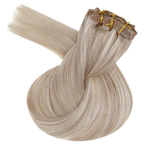 Clip in Human Hair Extensions Color Dark Ash Blonde Highlight with Platinum Blonde Double Weft Clip in Extensions for Women 20 Inch 100g