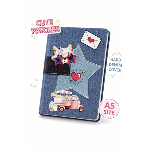 Image of COI A5 Denim Notebook Diary Hard Bound, 156 Ruled Pages 70 GSM Bleed Free Paper, Daily Planner Journal for Writing, Personal Organizer for Home Office School & Travel, Denim Cover with Cute Patches