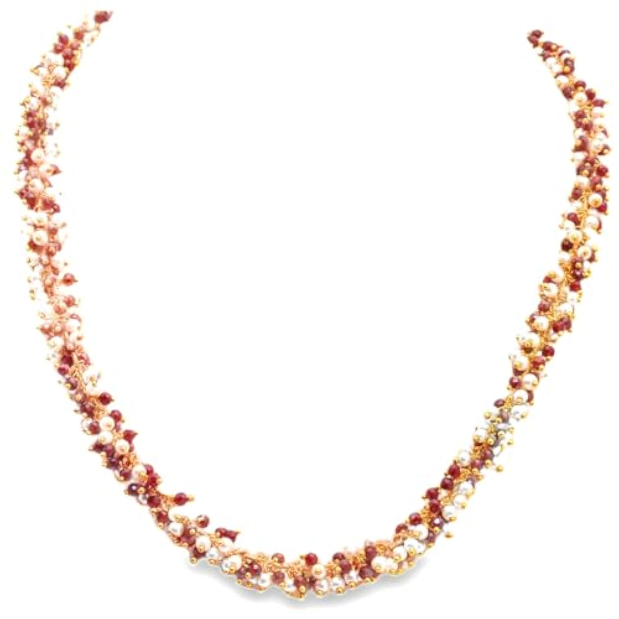 Jaipur Pearl & Ruby Color Zirconia Bead Necklace Set, Yellow Gold