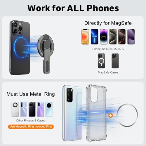 Image of RIGGEAR Magnetic Phone Grip and Stand for MagSafe Phones Cases, 3in1 Magnetic Finger Ring Holder with Double Sided Magnet, Fidget Buttons, 360 Rotation Magnetic Gym Phone Stand (Graphite Black)