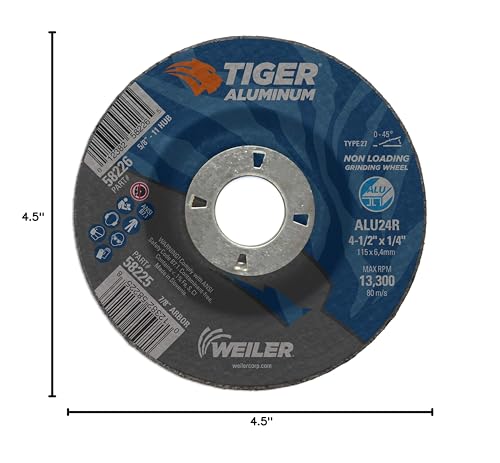 Image of Weiler 58225 4-1 /2 x 1 /4 Tiger Aluminum Type 27 Grinding Wheel ALU24R 7 /8 A.H (Pack of 10)