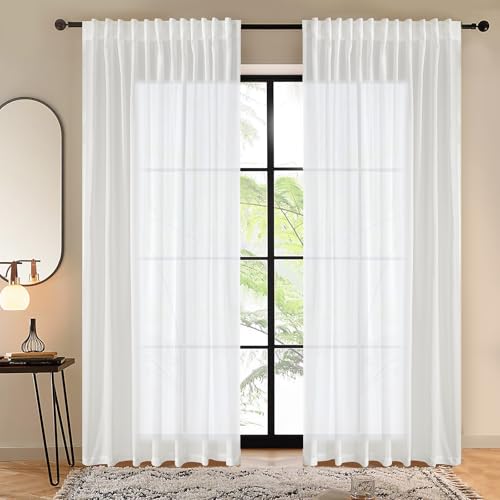 Lumiloom CL2407CP84C001 Semi Sheer Curtains 84 Inch Long - White Chiffon Privacy Protection Light Filtering Window Treatments For Bedroom Living Room, Rod Pocket & Back Tab Top, 2 Panels Set cover