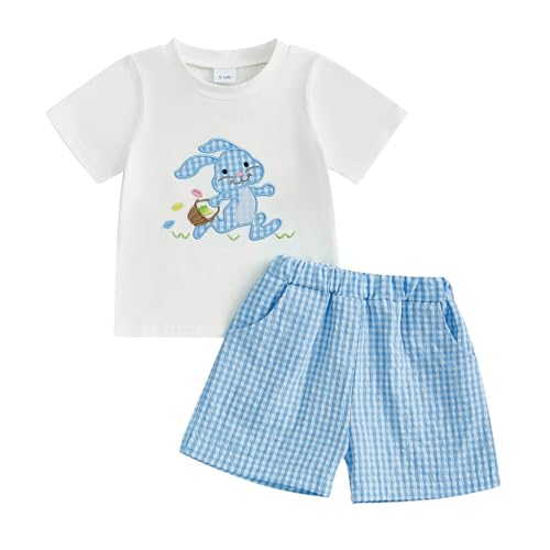 Image of Toddler Baby Boy Easter Rabbit Outfit Short Sleeve Bunny Carrot Smocked T-shirt Elastic Waist Shorts Summer Clothes