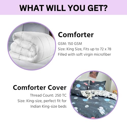 Image of Famyo King Size Bedsheet Set with 2 Pillow Covers, 250 TC Fitted Kids Bedsheet, Comforter & Comforter Cover (5pc Set) - Home Decor, 72x78 inches, Astronaut in Space Design - Grey, White