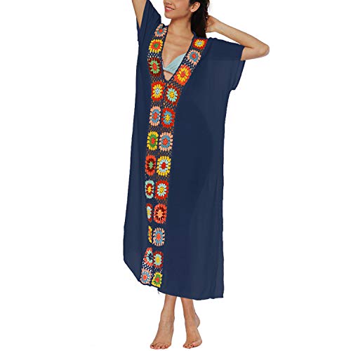 Lu's Chic Women's Crochet Swimsuit Cover Up Eyelet Maxi Kaftan Dresses Full Length Caftan V Neck Short Sleeve Side Slit Floral Patchwork Bathing Suit Long Beach Coverups Swimwear Navy Small-X-Large