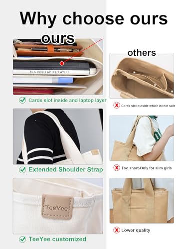 Image of TeeYee 16oz Canvas Tote Bag Casual Multi pockets Handbags Large Capacity Shopping Shoulder Bag with Pocket Bags Work Purses