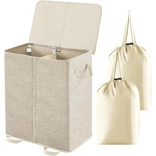 Double Laundry Hamper With Lid And Removable Bags, Large Collapsible 2 Dividers Dirty Clothes Basket For Bathroom Dorm