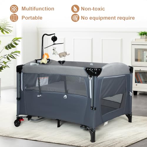Image of 5-in-1 Baby Bassinet Bedside Sleeper, Portable Playard with Changing Station, Foldable Infant Travel Crib with Wheels, Adjustable Height Newborn Baby Playpen for Home & Travel