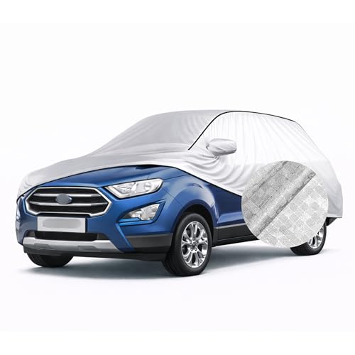 Image of SEAZEN Waterproof Car Cover for Ford Ecosport | Dustproof, UV & Scratch Resistant Soft Cotton Lining | Triple Stitched, Mirror Pockets & Elastic Hem | Metallic Silver with Black Piping
