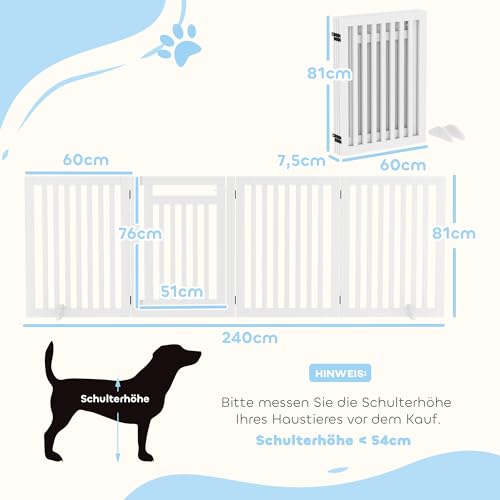 PawHut Absperrgitter Hund Freistehendes Treppengitter mit Füßen Holz 240 x 81 cm Hundegitter Schutzgitter Treppenschutzgitter für Treppen, Türen, Türschutzgitter für Küche, Flur, 4 Paneelen, Weiß